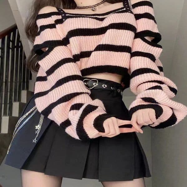 Sweet Off Shoulder Top Striped Knit Set Womens Spring Autumn Spicy Girls High Waist Pleated ALine MiNi Skirt Two Piece Y2K 240727