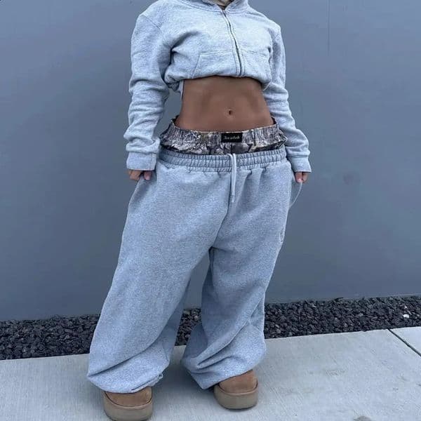 Y2K American Retro Leaves Camouflage Grey Trouser Harajuku Hip Hop Runner Dragging Underwear for Men and Women 240829BJ