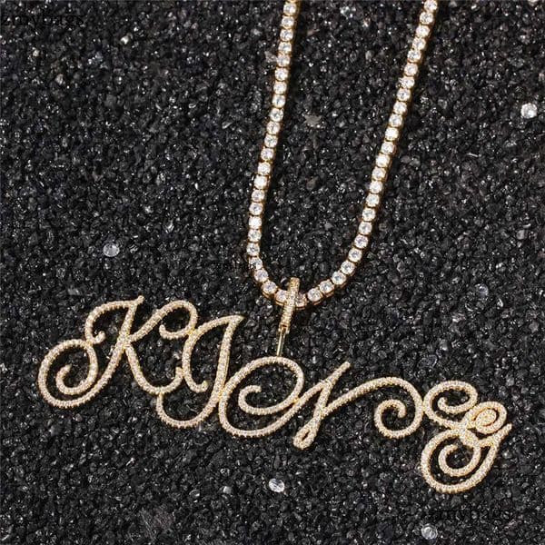 A-Z Custom Name Bubble Letters Necklaces Mens Fashion Hip Hop Jewelry Iced Out Gold Sier Bling CZ Cursive Letter Pendant Necklace with 3mm 24inch Rope Chain