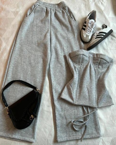 Y2K Light Gray Pants Suit Womens Harajuku Sexy Slim Tube Tops Goth High Waisted Sweatpants Girl Autumn Winter Two Piece Sets 250916ZBANJIA