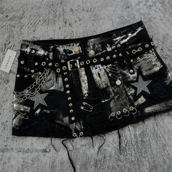Y2k Streetwear Short Skirt Women Retro Washed Rhinestone Sequin Loose Denim Shorts Gothic Harajuku High Waist Slim Mini Skirt 250409bj