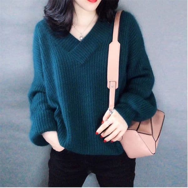 Women's Sweaters Basic knit Sweater Women V-neck Solid Pullover Autumn Korean Loose Lantern sleeve Sweaters Pullover Female Tops 230306