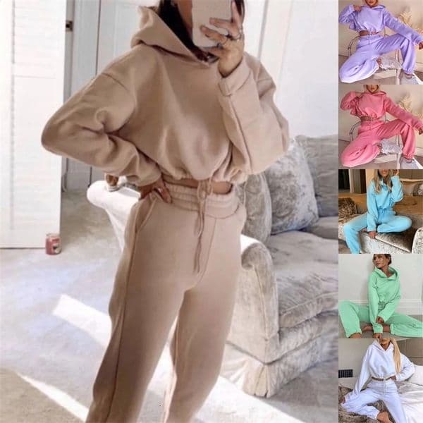 Spring Autumn Women 2pc Hoodie Set Long Sleeve Solid Casual Drawstring Pullover Suit Elastic Pants Female Tracksuit Sportswear 240809