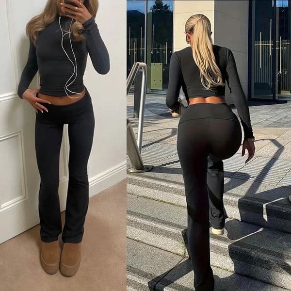Comfy Cotton Lounge Wear Women Clothes High Stretch Slim Crop Top and Skinny Flare Leg Pants Suit Gym Fitness 2 Two Piece Sets 250916ZBANJIA