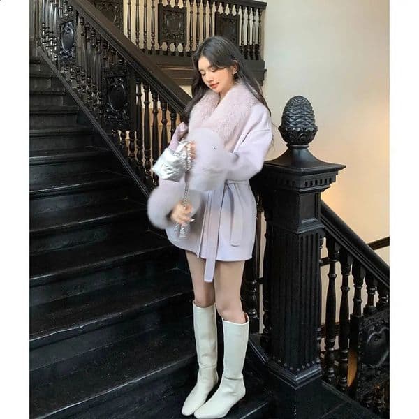 Womens Fur Coat Winter Jacket Fox Hair Grass Collar Cuff Hoodie Cashmere Wool Fashion 240823