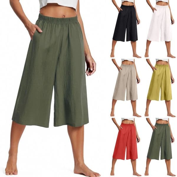 Feamle Casual and Versatile Lazy Style Wide Leg Pants With Pockets Lightweight High Waisted Loose Cropped Capris 250818Z
