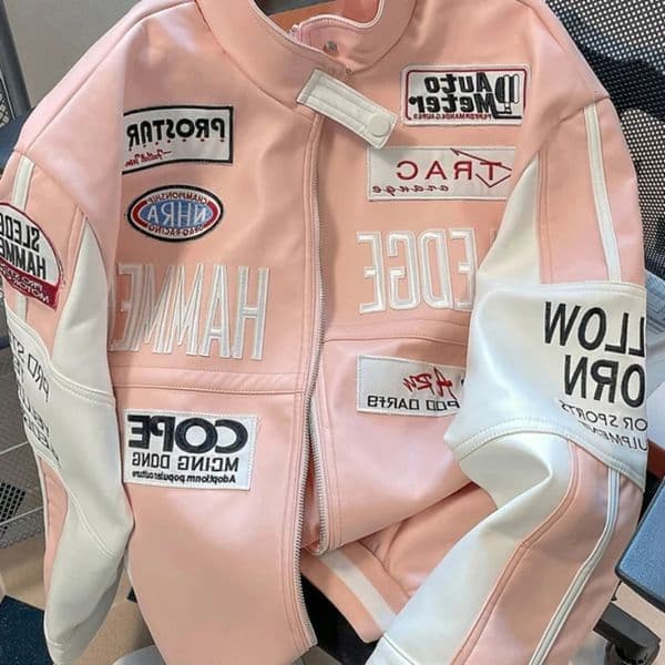 Pink European and American style highend motorcycle leather jacket workwear baseball uniform high street sweet cool 240715
