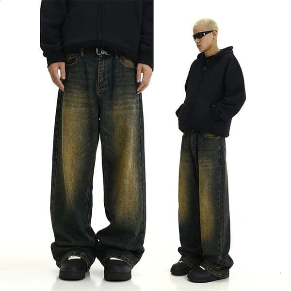 Male Jeans Mens Pants Regular Solid Color Straight Leg Pants Stylish Vintage Wash Baggy Y2k Fashion Streetwear 240911
