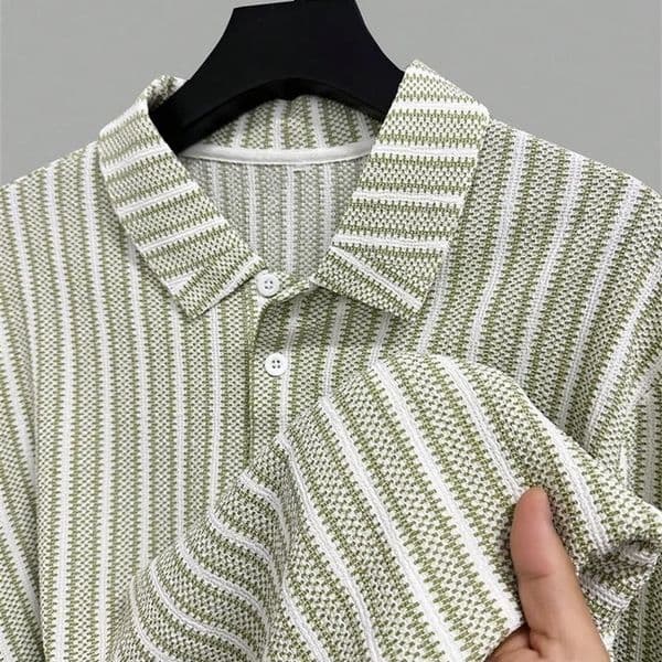 Mens Summer Knitted Striped Lapel Short Sleeved Polo Shirt Comfortable and Fashionable Polo Shirt Suitable for Daily Wear 250517