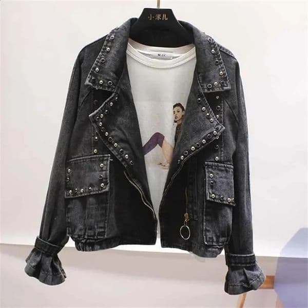 Spring and Autumn Womens Loose BF Student Hong Kong Wind Bead Set Collar Retro Cowboy Jacket Trendy 240822
