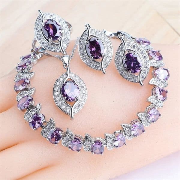 Purple Zircon Silver 925 Jewelry Sets Bridal Earrings Charms Bracelets For Women Ring Pendant Necklace Set Wedding Jewelry 250618