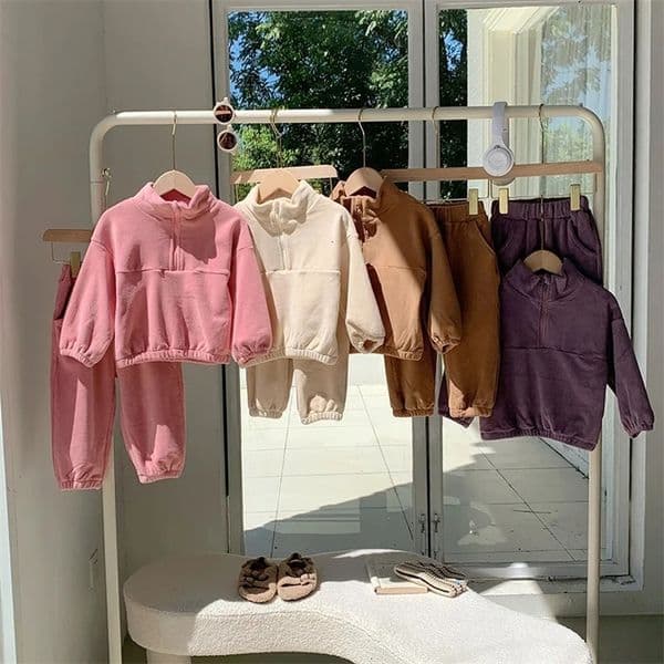 Autumn Winter ChildrenS Clothing Fleece Stand-Up Collar Sweatshirt Sets For Boys Girl Long Sleeve 2pcs Outfit Solid Color Kids 240920