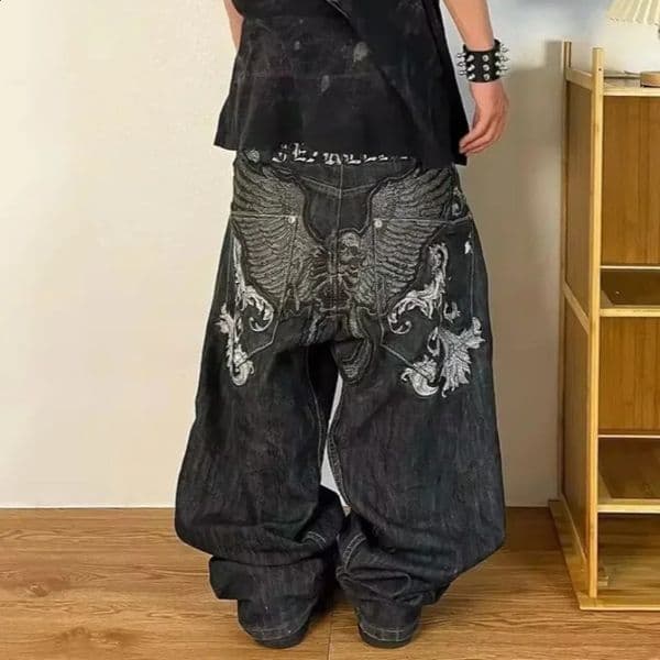 American Y2K fashion pattern embroidered loose jeans mens street casual clown mop oversized wide leg couple 240830