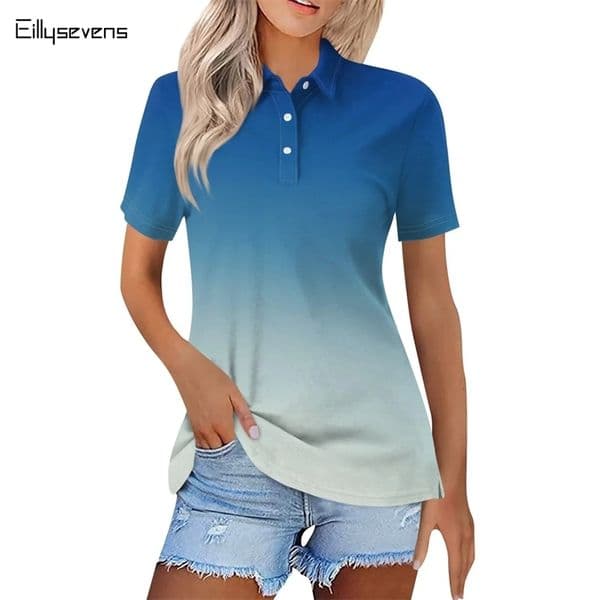 Summer Polo Shirt Womens Sports Shirts Gradient Color Clothing Trend 2024 Woman Clothes Pulovers Tops Female Tees 250410bj
