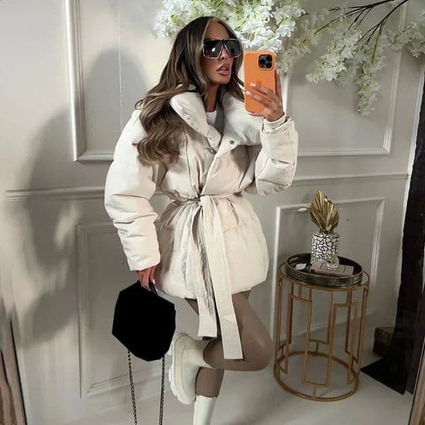 Fandy Lokar Winter Stand collar Park Womens Fashion Tie Short Coat Elegant Solid Inflatable Jacket 240822