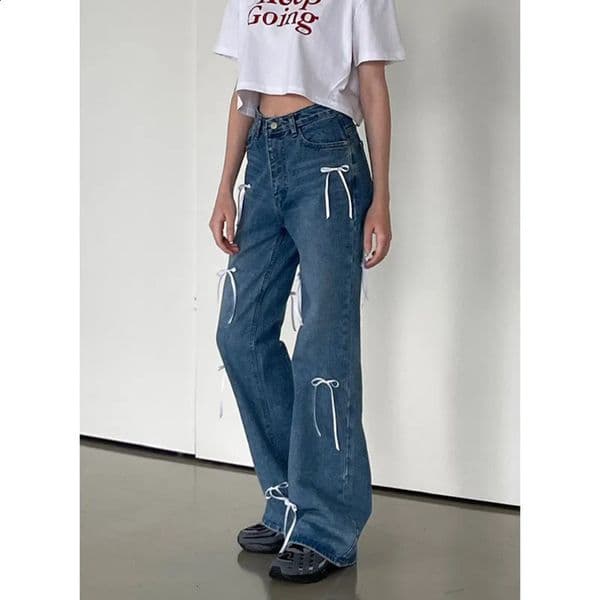 Womens blue bow jeans Korean bagged Harajuku wide denim shorts 90s aesthetics Y2k 2000s garbage clothing 240823