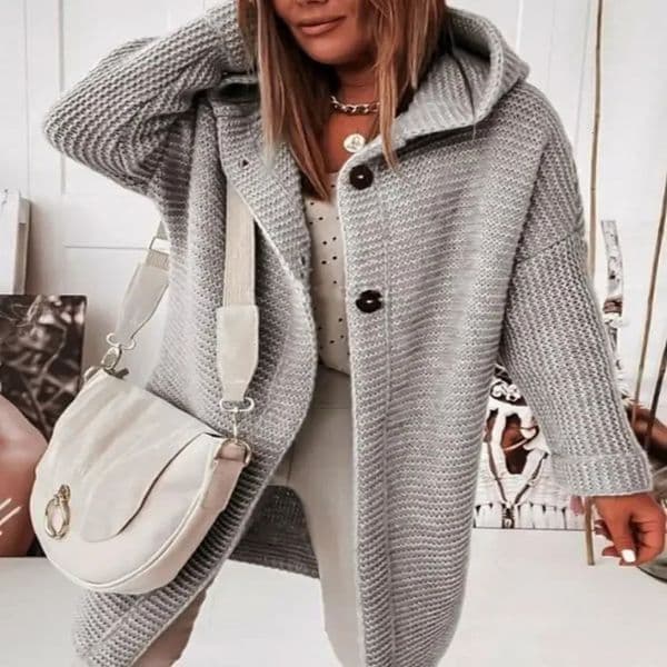 Womens cardigan wool sweater autumn fashion button front casual long sleeved knitted loose day length hooded cardigan jacket 241031