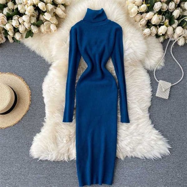 Sweater Dress Winter Turtleneck Warm Long Sleeve Knit Dress Korean Fashion Casual Solid Women Midi Bodycon Dress 211221