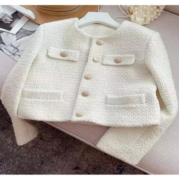 HMA Korean Chic Female Tweed Basic Jacket Coat Women Clothing Runway Style Woolen Outerwear 240715