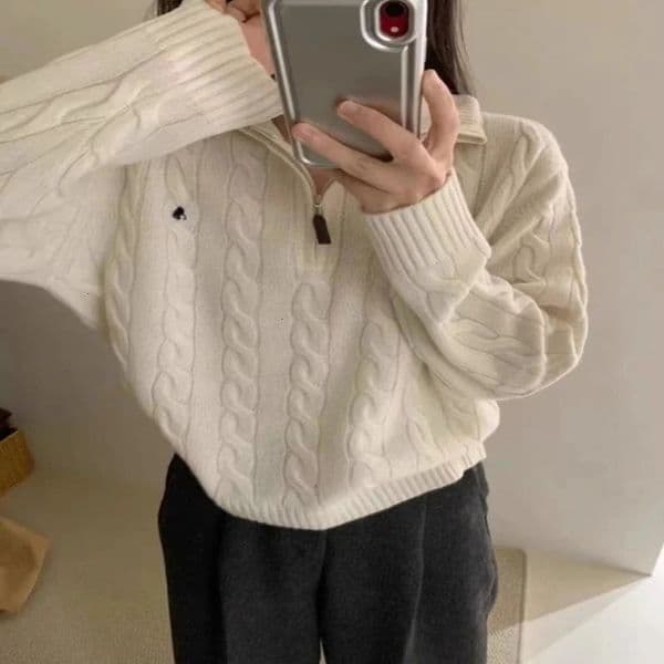 HOUZHOU Y2K Retro Street Clothing Knitted Floral Womens Casual Zipper Solid Embroidered Sweater Fall 241113