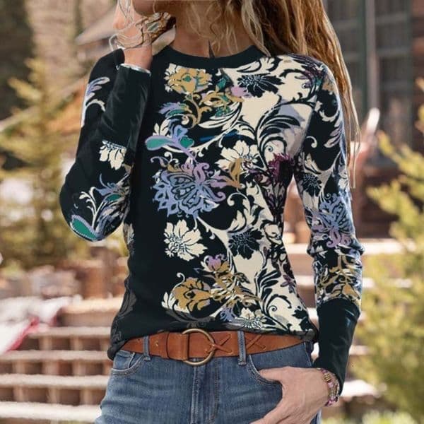 Women T-shirt Spring Autumn Casual O Neck Floral Print Loose Tee Shirt Female Streetwear Long Sleeve Pullover Tops New Plus Size 210302