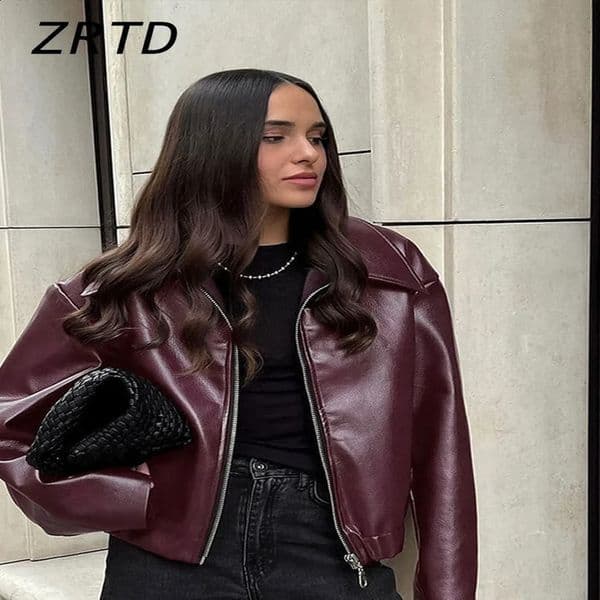Elegant synthetic leather jacket for women fashionable lapel zipper long sleeved womens autumn and winter street Burgundy 240906
