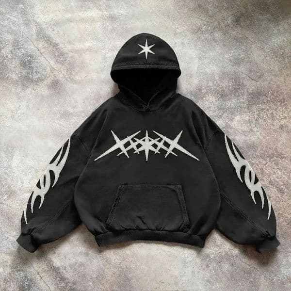 Y2K Street Hip Hop Clothing Hoodie Black Mens Gothic Pattern Patch Plus Size Tshirt Harajuku Sweatshirt 240715
