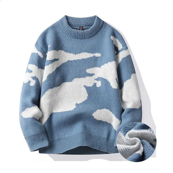 autumn mens casual sweater with cloud pattern cute couple sweater round neck long sleeved mens knitted sweater Harajuku Pullover 240930