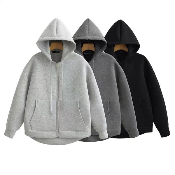 Solid loose womens hooded zipper long sleeved top street fashion sportswear autumn and winter casual jacket 240829