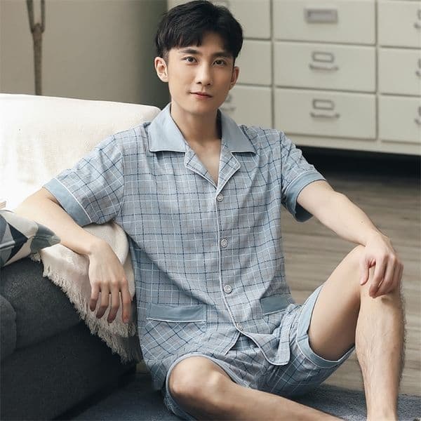 Men's Sleepwear Men Shorts Pajamas 100% Cotton 2 Pieces Fashion Sleepwear Pijama Man's Bedgown Home Clothes PJ Plaid Pure Cotton Pajamas Summer 230317