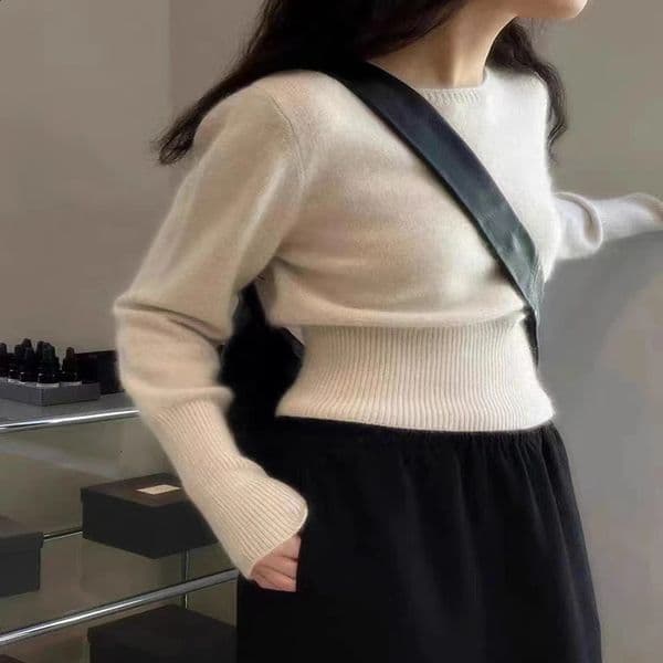 Womens 100% Merino Wool Soft Sweater High Waist Straight Neck Autumn Winter European Belt Bottom Knitted Top 240826