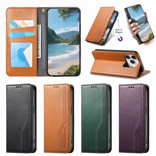 S25 Edge Vertical Line Suck Magnetic Closure Leather Wallet Case For Samsung S24 FE Ultra Plus M36 M15 A07 M56 A06 A36 A56 A16 A26 A17 Band ID Card Slot Holder