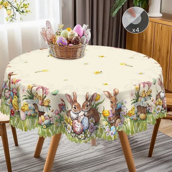 1 Piece Easter Round Tablecloth 5 Sizes Available Easter Egg Basket Printed Tablecloth Edge Embossing Process Easter Decoration Tableclo 250326