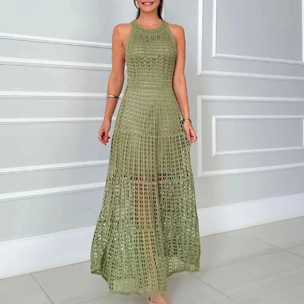Sexy Sleeveless High Waist Beach Dress Casual Summer Solid Color Holiday Dresses Fashion O-neck Hollow Knitted Long Dress 250306