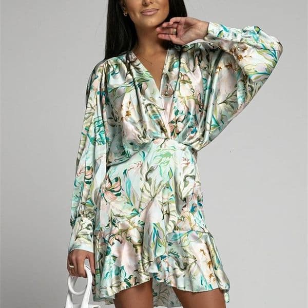 Basic Casual Dresses Fashion Ruffle Flower Print Irregular Dress For Women Spring Autumn Batwing Long Sleeve Elegant Office Ladies Mini Dresses 230518