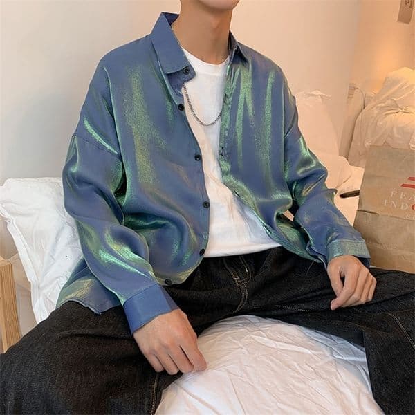 Men's Casual Shirts Men's Shirts Hip-Pop Sun Protection Clothing Blouse Long Sleeve Top Male Fashion Bright Shirts Teen Korean Loose Blouse Coat 230329