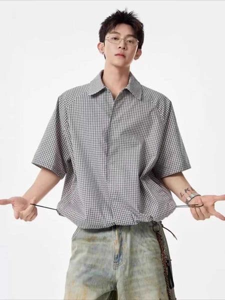 Japanese Vintage Seersucker Gingham Shirt Men Summer Oversized Short Sleeve Collared Shacket Casual Checked Button Down X250925