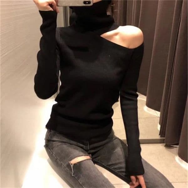 Sexy Knitted Sweater Off Shoulder Pullovers for Women Long Sleeve Turtleneck Female Jumper Black White Clothing 211018
