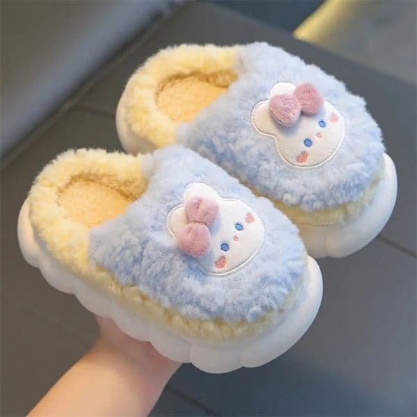Autumn Winter Childrens Plush Slippers Girls Kids Slides Cute Rabbit Toe Wrap Indoor Home Floor Non-Slip Warm Cotton Shoes 241126