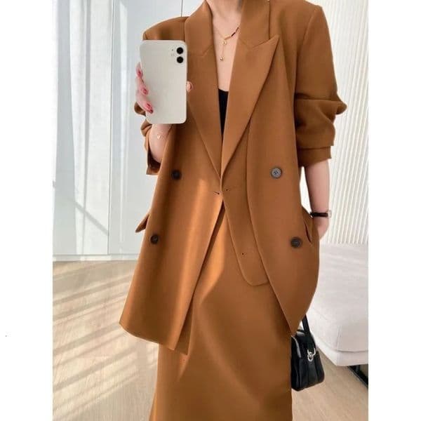 Womens Suit Spring Autumn Jacketbuttock Skirt Matching Set Korean Chic Blazers Twopiece Sets Female Clothing 240704