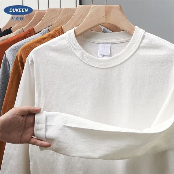 Dukeen 11.2 Oz Heavyweight Autumn Long Sleeved T Shirt for Men 100%Cotton Plain Shirt O-Neck White Tops Oversized Mens Clothing 250225