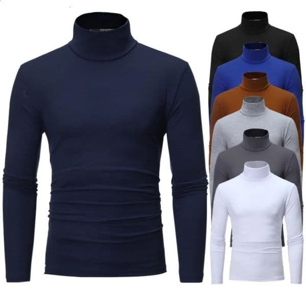 Fashion Mens Casual Slim Fit Basic Turtleneck High Collar Pullover Male Autumn Spring Thin Tops Bottoming Plain Tshirt 250113BJ
