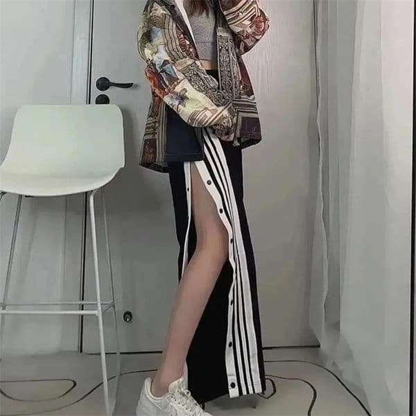 MEXZT Y2K Striped Joggers Sweatpants Women Button Slit Baggy Wide Leg Pants Streetwear Elastic High Waist Loose Casual Trousers 240530