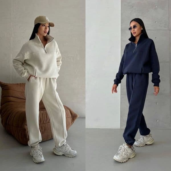 Autumn womens sportswear with zipper oversized cotton white casual twopiece set classic 250305BJ