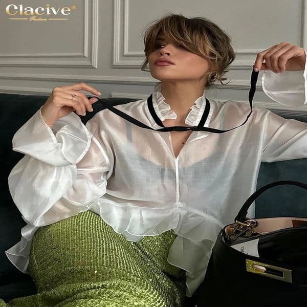 Clacive sexy loose white womens shirt fashionable pleated collar long sleeved elegant see through top clothing 240819BJ