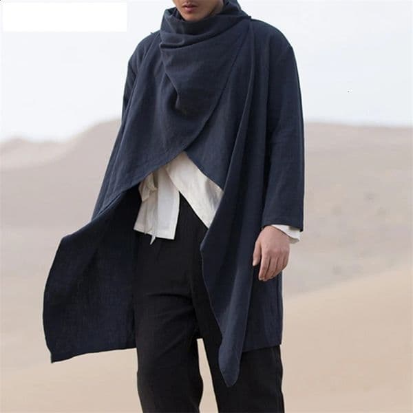Mens retro jacket trench windproof casual pure cotton solid color scarf collar irregular long sleeved cape loose fashion 241203