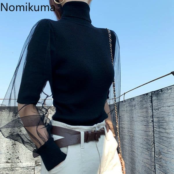 Nomikuma Korean Elegant Turtleneck Knitted Basic Tops Korean Mesh Patchwork Knitwear Autumn Winter Women Pullovers 6D483 210427