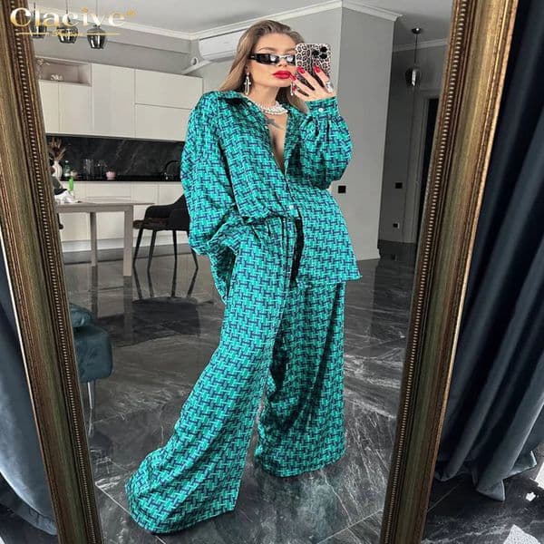 Clacive Fashion Loose Print 2 Piece Sets Women Outfit Elegant Long Sleeve Shirt With High Waist Wide Pants Set Streetwear 240729