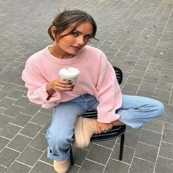 Ladies Solid Loose Sweater Women Tops Knitwear O Neck Casual Streetwear Outerwears Warm Pullover Sweaters Female Clothing 240730