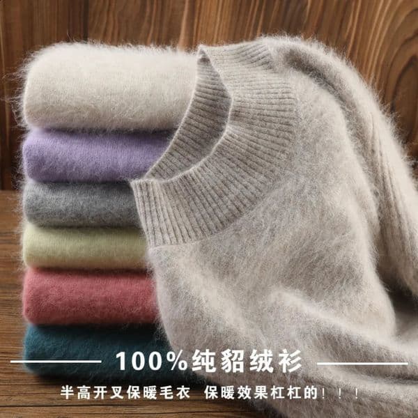 Autumn Winter High Neck 100% Pure Mink Sweater Womens Wild Plus Size Pull up Knitted Shirt Cashmere Thick Top 240814